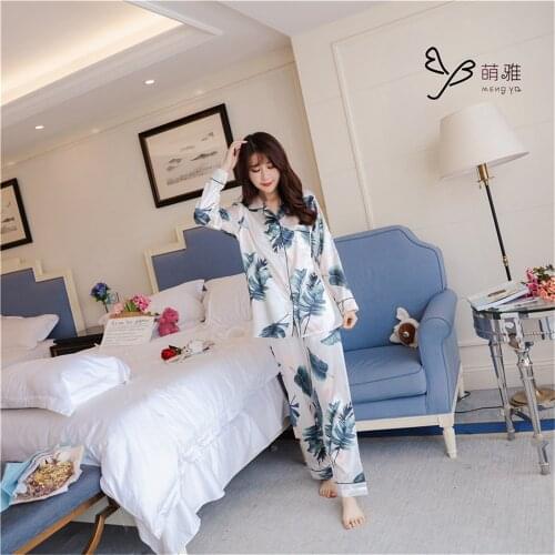 Spring And Autumn New Pajamas Women Ice Silk Suit Long-Sleeved Cardigan Fat Size Two-Piece Suit Korean Version Can Be Worn Outsi