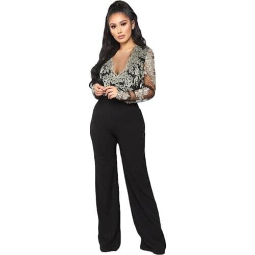 New Arrival Casual Embroidery Lace V-neck Long Sleeve Jumpsuit with Wide Leg