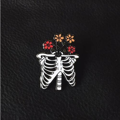 Ribs With Flowers Skeleton Badge Vintage Chest pins Gothic art decor