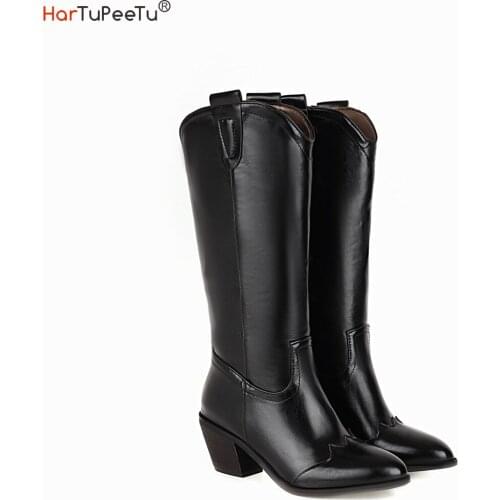 Autumn Winter Women Western Boots Cowgirl PU Leather Riding Boots Mid-Calf Size 34~46 Chunky Heels Pointed Toe Female Shoes