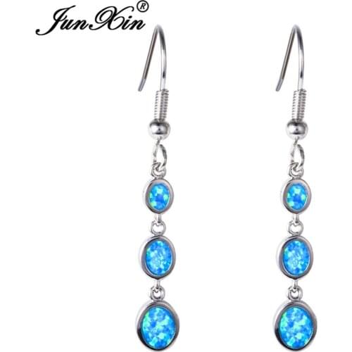 JUNXIN Bohemian Blue & White Fire Opal Earring Long Dangle Earrings Silver Color Double Earrings For Women