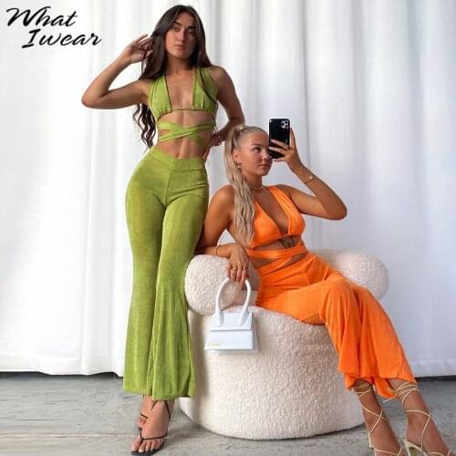 Whatiwear Y2K Solid Soft Flannel Sexy Two Piece Sets Buckle Criss-Cross Cleavage Top+Flare High Waist Pants Sexy Club Streetwear