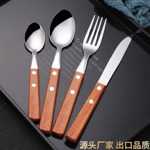 Japanese wood handle 304 stainless steel tableware wooden knife fork spoon steak knife Western plate wooden handle cutlery