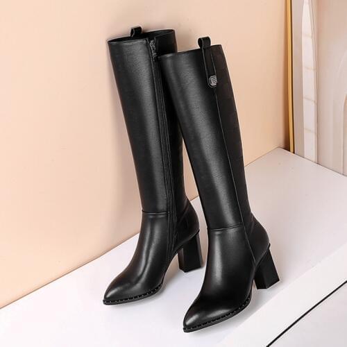 2020 Shoes Women Motorcycle Boots Pointed Toe Autumn Knee-high Boots Square High Heels Shoes Thigh High Boots Size 34-42
