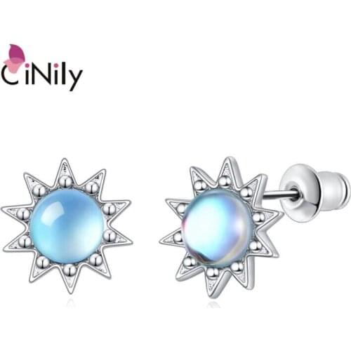 CiNily White Gold Plated for Girls Hypoallergenic snowflake shape Moonstone Stud Earrings Jewelry Gifts for Women