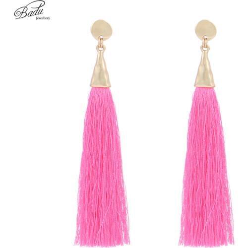 Badu Women Long Tassel Earring Pink Fringe Gold Triangle Alloy Dangle Drop Earrings Vintage Jewelry for Party Gift Wholesale