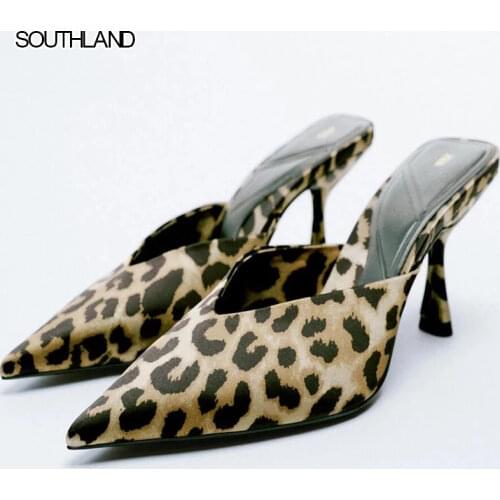 SOUTHLAND Brand 2021 spring new Leopard Thick heel Womens sandals Women small square toe open toe high heel sandals