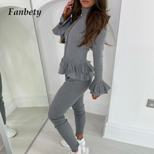 Women Elegant Autumn 2 Piece Set Fashion Turtleneck Button Flare Sleeve Tops And Skinny Pants Rib Knit Pullover Suits Tracksuits