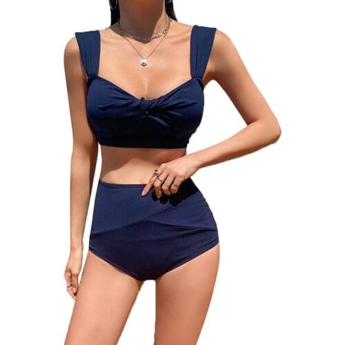 Korean Style Mid Waist Bikini Set Women Biquini Suit Two Pieces Swimwear Solid Swimsuit High Quality Beach Suit 2020 New