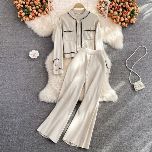 2021 Autumn New Women Knitted Pants Outfits Long Sleeved Casual Sweater Coat Top+Wide-Leg Trousers Fashion Tracksuit 2-Piece Set