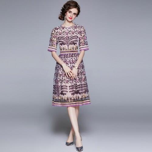 Fashion Runway Summer Dress Womens Short Sleeve Floral Embroidery Elegant Mesh Hollow Out Midi Dresses Vestidos k9960