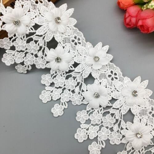1 Yard White Diamond Rhinestone 3D Flower Tassel Lace Trim Ribbon Fabric Wedding Applique DIY Sewing Craft Decoration