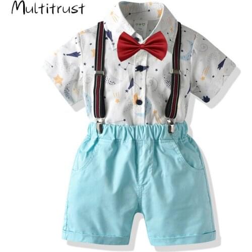 2020 Boys Clothes Gentleman Outfit Suits Short Sleeve Bow tie Shirt + Shorts with Suspender Straps 2Pcs Clothing Set 1-6Y