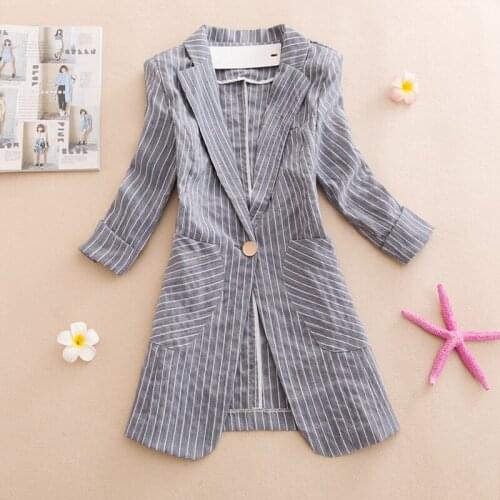 Womens Stripe Blazer Single Button Thin Spring Autumn Office Lady Slim Suit Jacket Three Quarter Sleeve Notched Collar