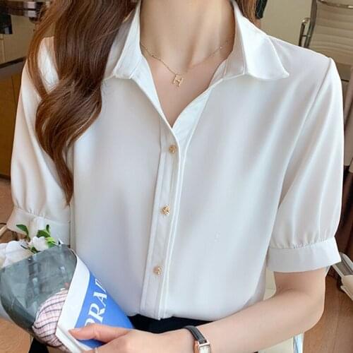 Summer Short Sleeve Chiffon Blouse Sihrt Tops Office Lady White Blouse Women Blusas Mujer De Moda 2021 Blouses Femme Shirts E955