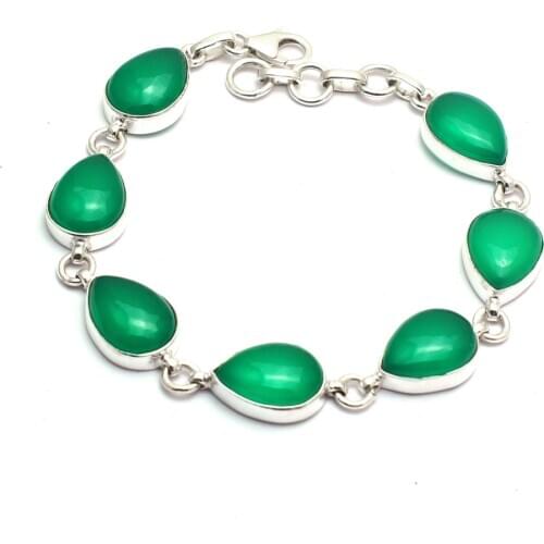 Genuine Green Onyx Bracelet 925 Sterling Silver, Women Fine Jewelry Gift, 20 cm, MHBBR0198