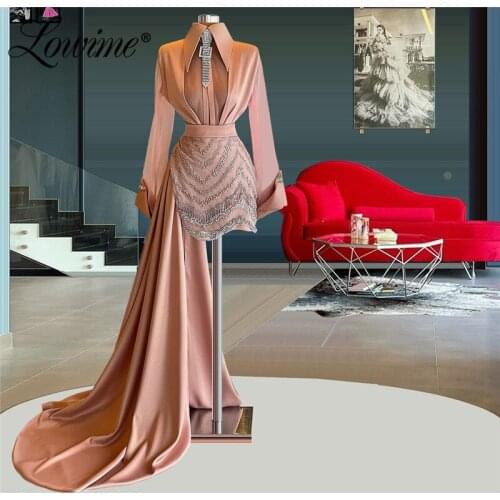 Elegant High Neck Dubai Women Evening Dresses 2021 Newest Beaded Crystal Long Sleeves Party Cocktail Dress Formal Prom Gowns
