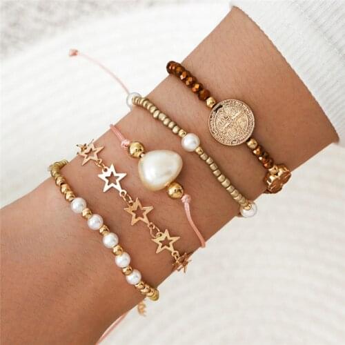 HI MAN 5 Pcs/Set Mixed Handmade Small Round Beads Pearl Hollow Stars Greek Cross Coin Bracelet Women Vintage Church Jewelry