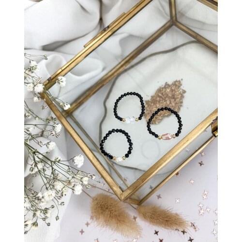 Black Natural Stone Pearl Rings for Women with Stainless Steel Bead Stretch Rope Party Gifts Ring Multi Color Adjustable