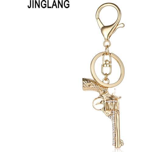 JINGLANG Gold Color Lobster Clasp Metal Keyring Dangle 3D White Gun Charms Keychains For Men Car Pendant Jewelry