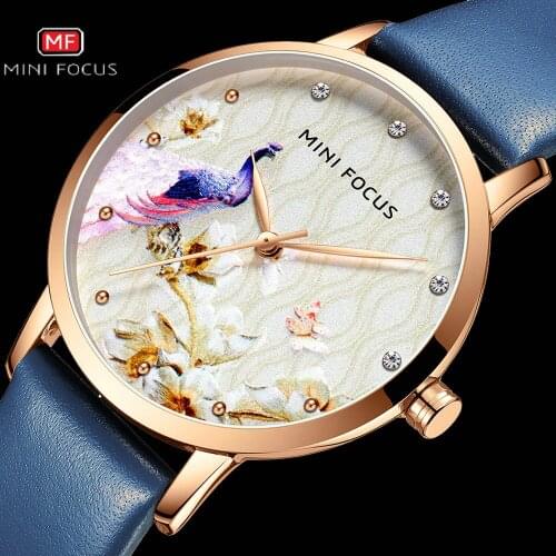 MINIFOCUS Creative Design Women Watches Waterproof Luxury Brand Quartz Ladies Watch Blue Leather Strap Fashion Dress Wristwatch