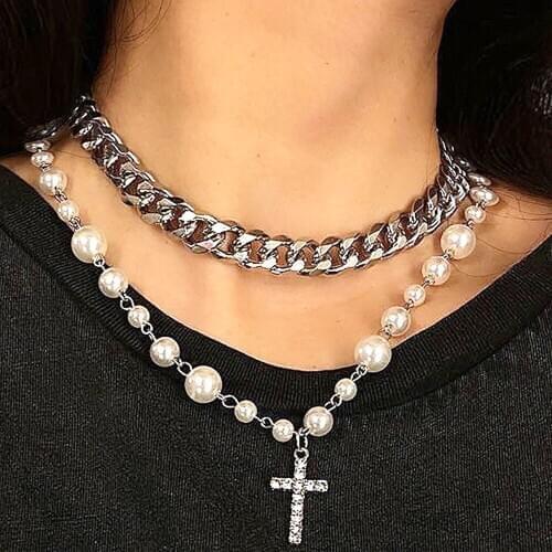Fashion Luxury Design Imitation Pearls Choker Female Cross Pendant Necklaces for Women Jewelry Gift Classic Cross Men Necklace