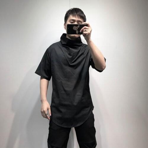 Street Yamamoto fashion mens loose stand collar short sleeve T-shirt original Japanese designer solid color versatile thin top