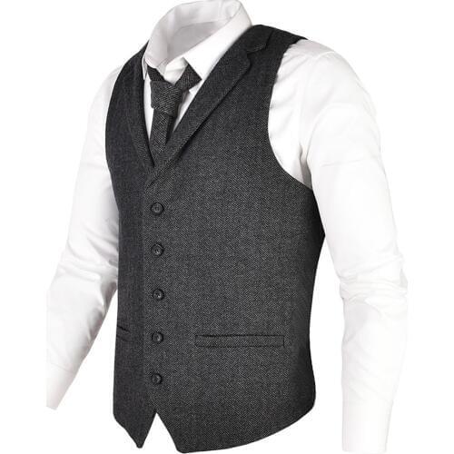 VOBOOM Mens Waistcoat Herringbone Tweed Wool Blend Suit Vest Tailored Collar Dress Vests 018