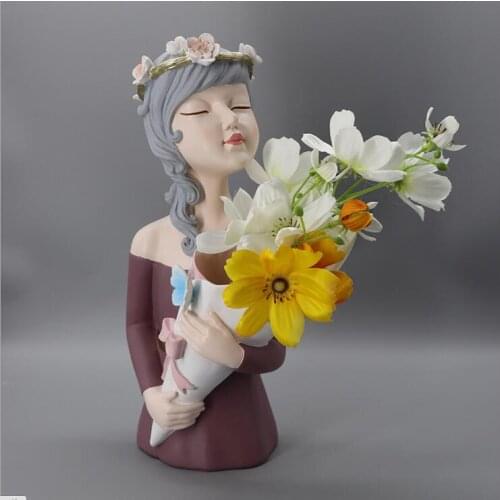 Nordic Flower Bouquet Girl Vase Resin Adornments Home Livingroom Desktop Statue Decoration Store Coffee Table Figurines Crafts