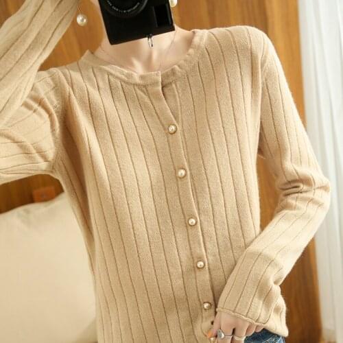 Spring and autumn new style 100% pure wool long-sleeved knitted cardigan womens jacket round neck loose sweater with short top