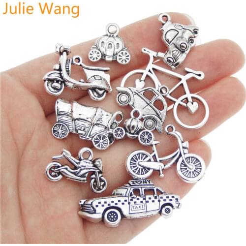 Julie Wang 10pcs Mixed Motorcycle Car Bus Bike Charms Antique Color Alloy Necklace Pendants DIY Jewelry Making Accessory