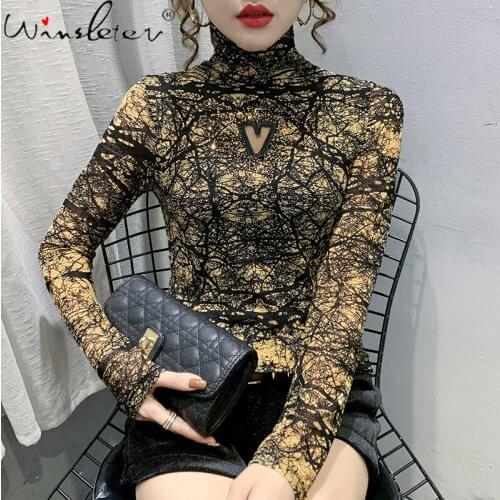 Spring Fall Korean Clothes T-Shirt Girl Fashion Sexy Transparent Shiny Diamonds Women Tops Long Sleeve Mesh Tees New T11409A