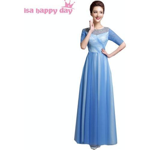 Blue royal sleeved unique bridesmaid floor length bridesmaids formal pretty maids dresses with sleeves for weddings B2787