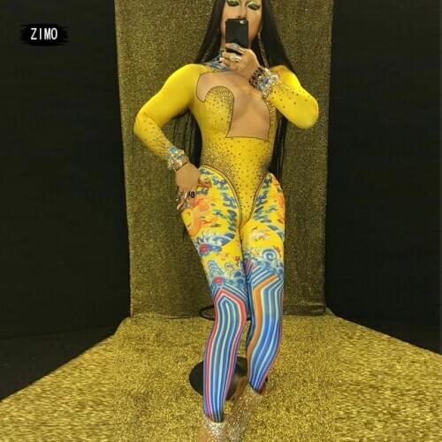 Sexy gold Chinese Rhinestone men Jumpsuit women Singer Print Stage Wear Bodysuit One-piece Costume Glisten Stones Stretch Outfit