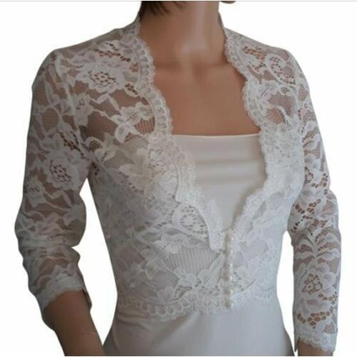 Ivory Plus Size Wedding Boleros Lace Bridal Jackets White Ivory V Neck 3/4 Sleeve White Bride jacket