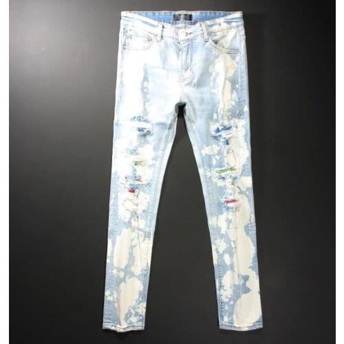 Light Blue Ripped Tights High Street Fashion Brand Hole Patch Diamond Elastic Leg Jean Pantalon Homme Jean For Men Jeans Hombre