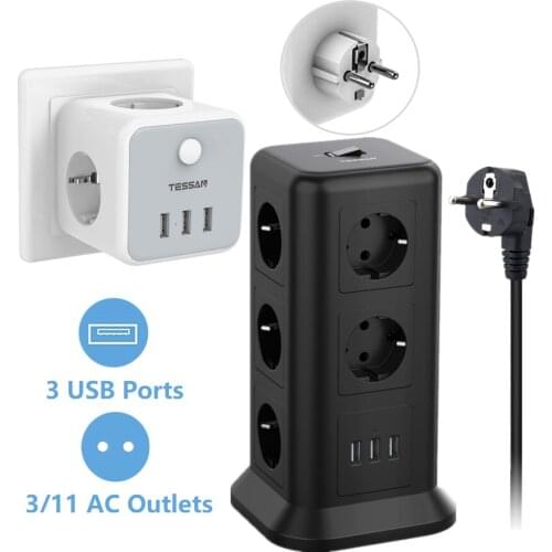 TESSAN USB Socket Power Strip Tower with 2M Extension Cable 11 Outlet Extender Multi Chargers EU KR Plug Adapter for Home Office