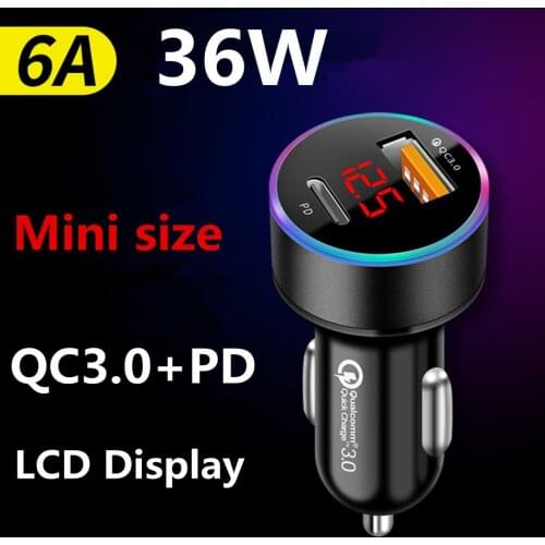 Pd Usb Autolader Lcd Display Mini Quick Charge 3.0 6A 36W QC3.0 Fast Charger for Iphone 12 Huawei xiaomi Type C Mobile