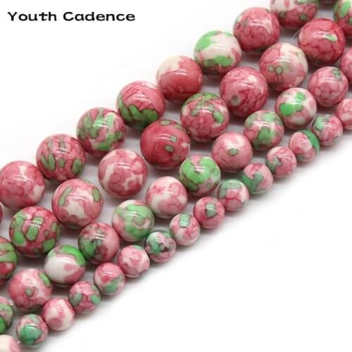 Green Pink Rain Flower Jaspers Stone Round Spacer Loose Beads For Jewelry Making DIY Bracelet Accessories 15'' 4 6 8 10 12mm