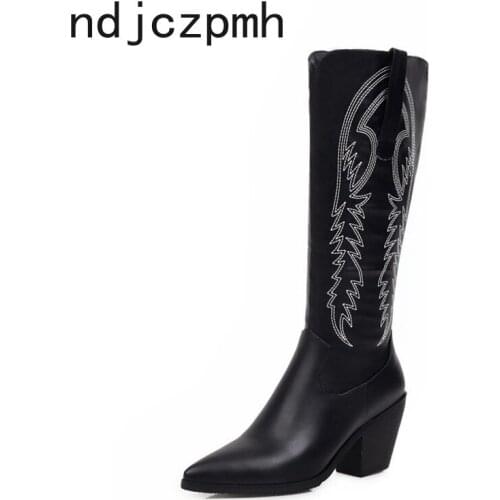 Womens Boots Winter The New Fashion Color Matching Pointed Zipper Thick Heel High Heel High Tube Womens Shoes Plus Size 31-47