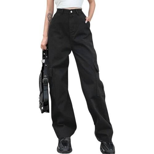 Ladies Straight Pants Y2K Fashion Ladies Loose Jeans Ladies All-match Fashion Solid Color Large Pocket Loose Straight Jeans