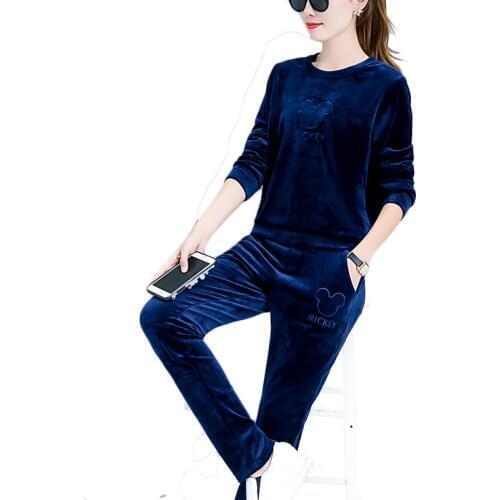 Tracksuit women Gold velvet leisure suit spring fashion new slim round neck large size 2 piece set female gold velvet two-piece