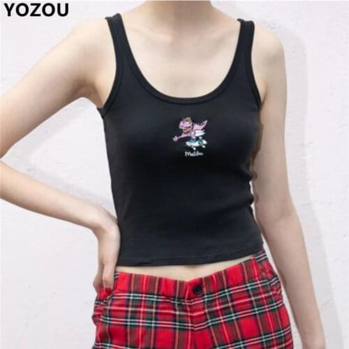 Women summer black crop top cropped tank tee dinosaur embroidery cartoon pattern tank cami tshirt for female