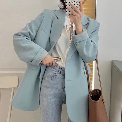 2021 Fall Loose Single-breasted Women Blazers Casual Notched Collar Long Sleeve Female Jackets Ladies Suit Coats Outerwear C010