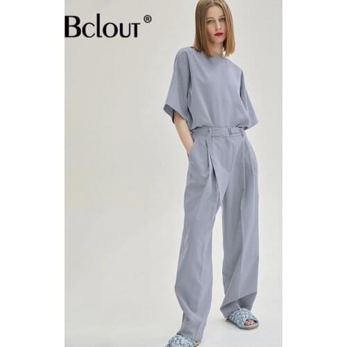 Bclout Blue Khaki Office Women Suits 2021 Autumn High Waist Long Straight Trousers Casual Shirt Female Two Piece Set Pants Set
