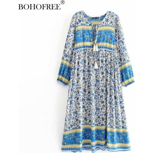 Women 2020 Casual Spring Dress Lady Bohemian Vintage Style Floral printed Short Lantern Sleeves Midi Long Dress Vestido