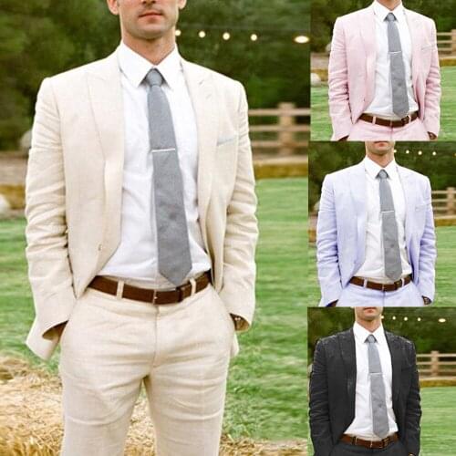 2020 Summer Ivory Linen Suit Mens Wedding Suits Custom Made Business Suit Men Fashion Groom Tuxedos 2 Piece Set (Jacket+Pants)
