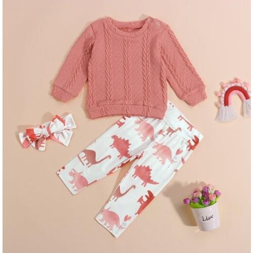 3Pcs Kids Autumn Tracksuit Round-Neck Long Sleeves Knit Sweater + Dinosaur Print Pants + Hairband for Girls Pink