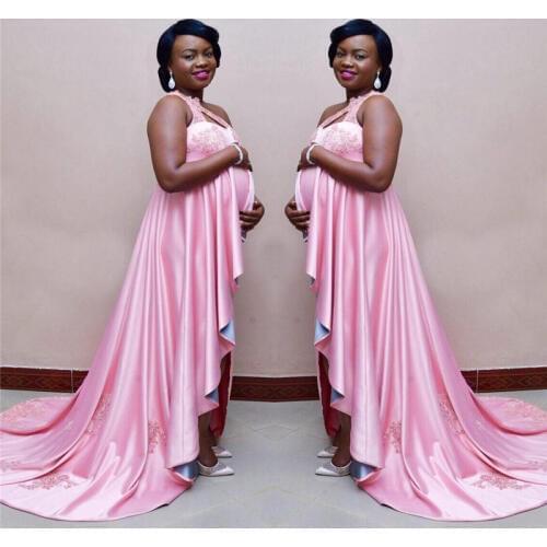 Glitter Pink Appliques Lace Pregnant Prom Dresses For Woman Long One Shoulder African Evening Maternity Dress Vestido de Festa