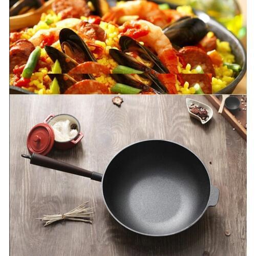 31CM Flat bottom cast iron old fashioned manual thickening wood handle cast iron wok no coating